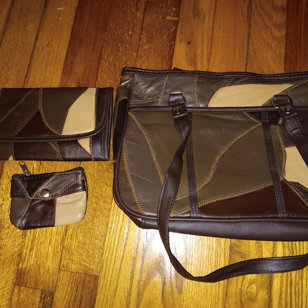 New patchwork leather handbag wallet coin purse 3 piece set